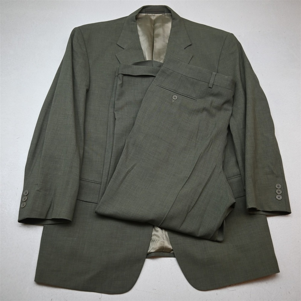 Vtg USA Made Y2K 2000s 42R 36x29 Green 100% Wool Mens Jacket Pants Suit